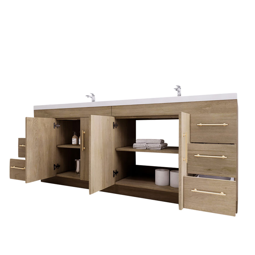 Bathroom with wooden vanity, sink, and decorative elements.
