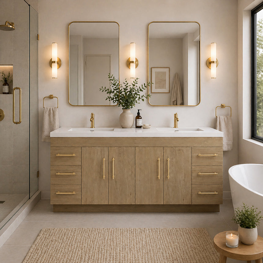 Bathroom with wooden vanity, sink, and decorative elements.