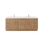 Bathroom vanity with wooden finish and white countertop on a white background