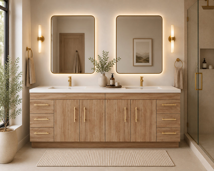 Bathroom with wooden vanity, sink, and decorative elements.
