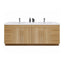 Bathroom vanity with wooden finish and white countertop on a white background