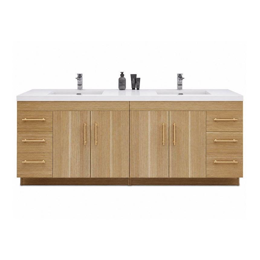 Bathroom with wooden vanity, sink, and decorative elements.