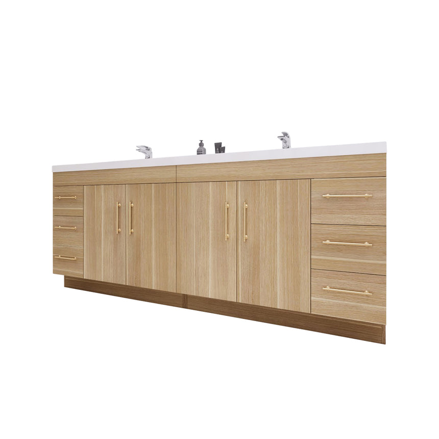Bathroom with wooden vanity, sink, and decorative elements.