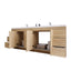 Bathroom vanity with open doors showing storage compartments on a white background