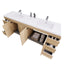 Bathroom vanity with open drawers and cabinets on a white background