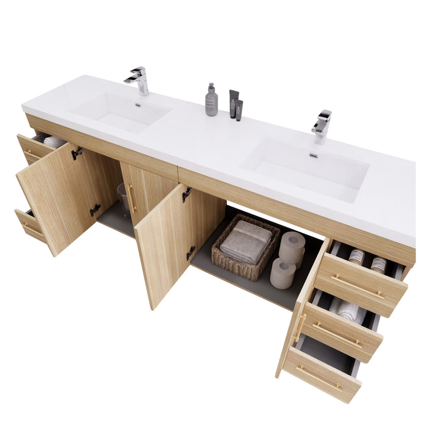 Bathroom with wooden vanity, sink, and decorative elements.