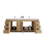 Bathroom vanity with open doors showing storage compartments on a white background