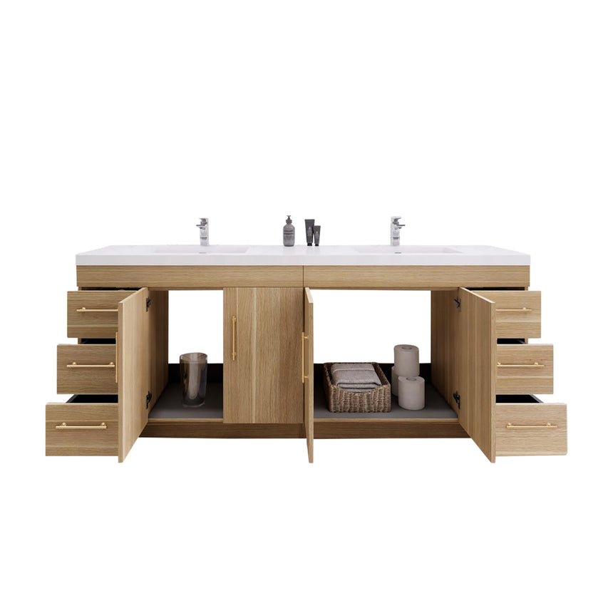 Bathroom with wooden vanity, sink, and decorative elements.