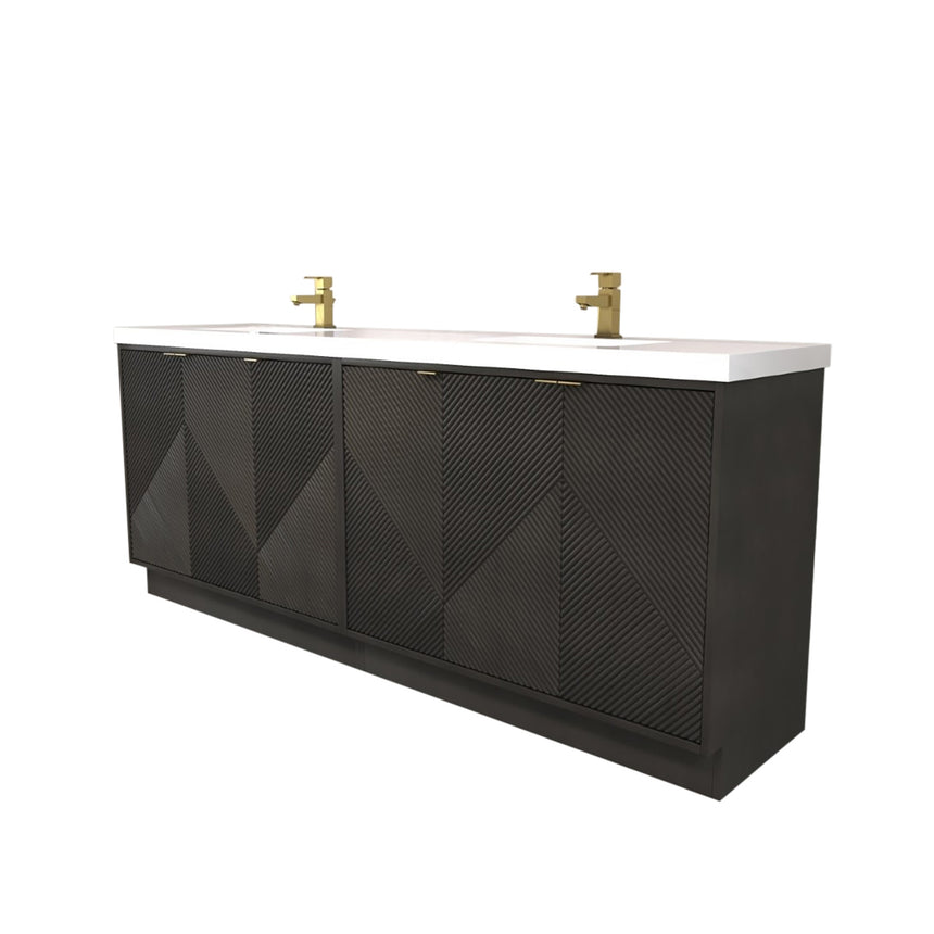 Bathroom vanity with wooden cabinets and decorative elements