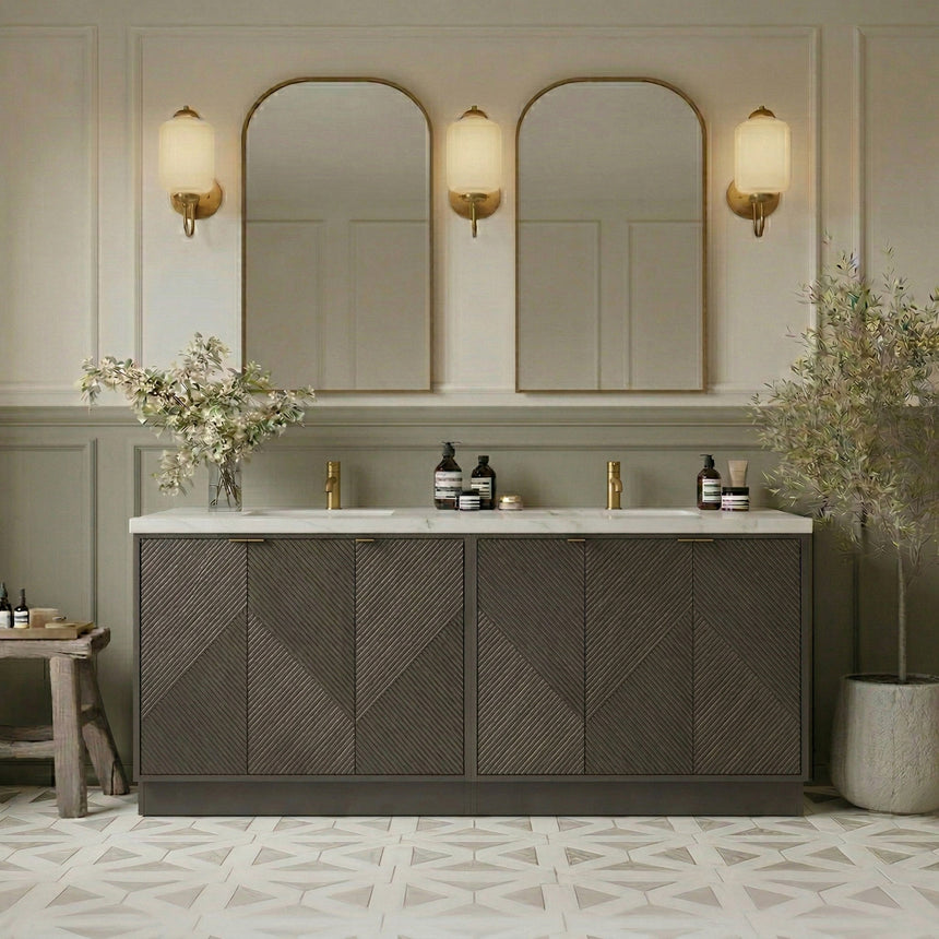 Bathroom vanity with wooden cabinets and decorative elements