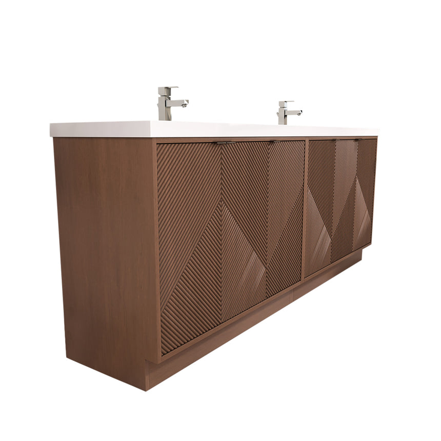 Bathroom vanity with wooden cabinets and decorative elements