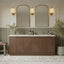 Mid-Century Modern Bathroom vanity with wooden cabinets, mirrors, and decorative elements.