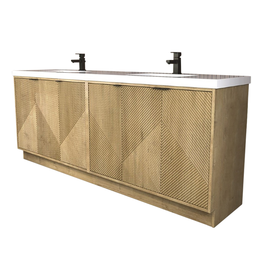 Bathroom vanity with wooden cabinets and decorative elements