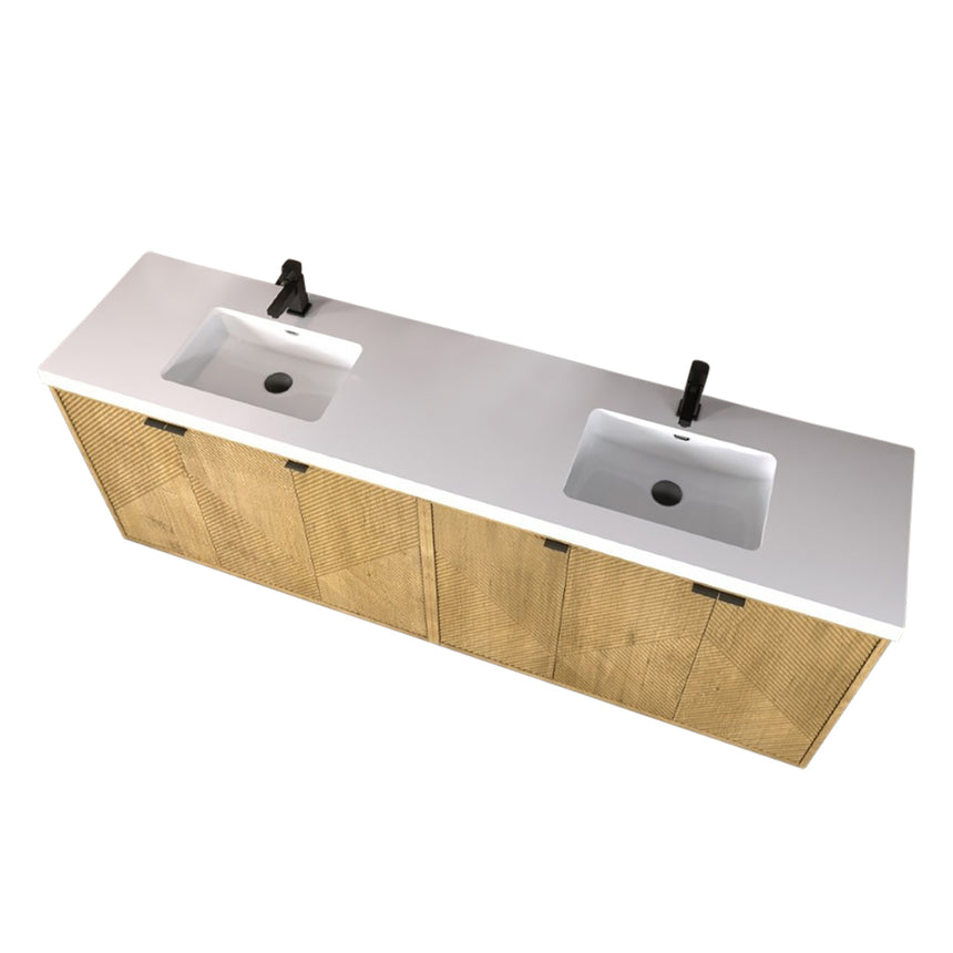 Bathroom vanity with wooden cabinets and decorative elements