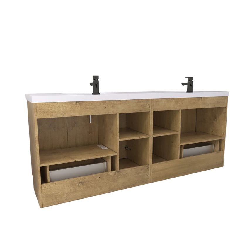 Bathroom vanity with wooden cabinets and decorative elements