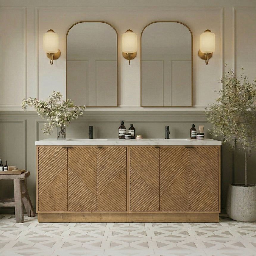 Bathroom vanity with wooden cabinets and decorative elements