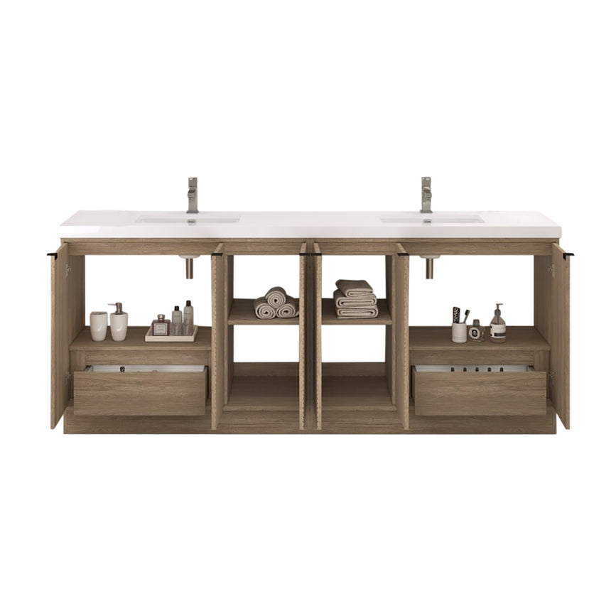 Bathroom vanity with wooden cabinets and decorative elements