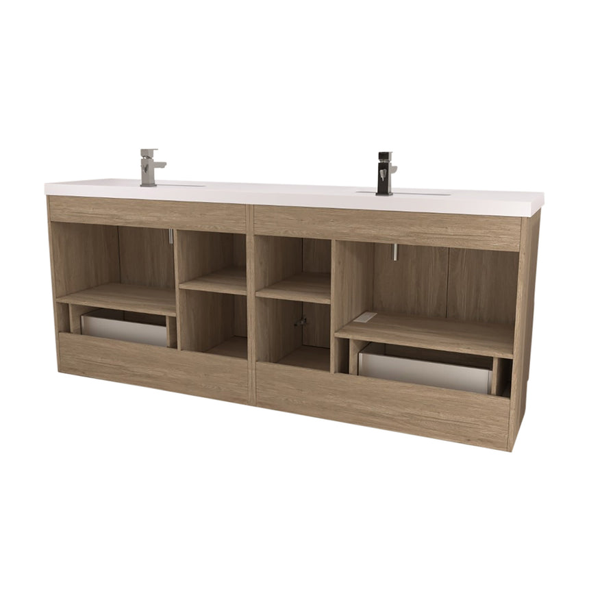 Bathroom vanity with wooden cabinets and decorative elements