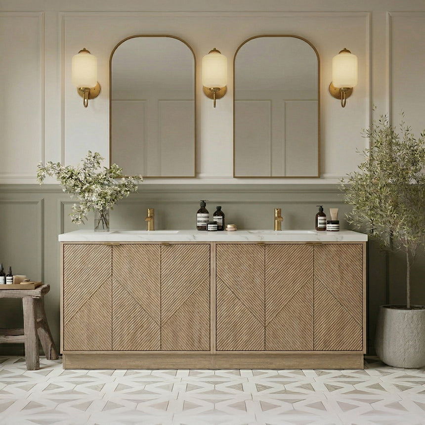 Bathroom vanity with wooden cabinets and decorative elements