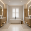 Modern Bathroom with two vanities and two linen cabinets.