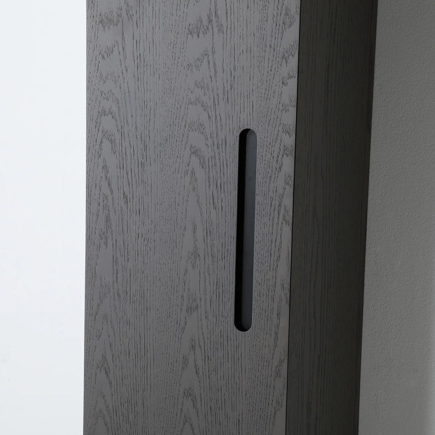 A tall, narrow wall-mounted cabinet in a light natural wood finish with a slim black vertical handle, shown against a plain light gray wall.
