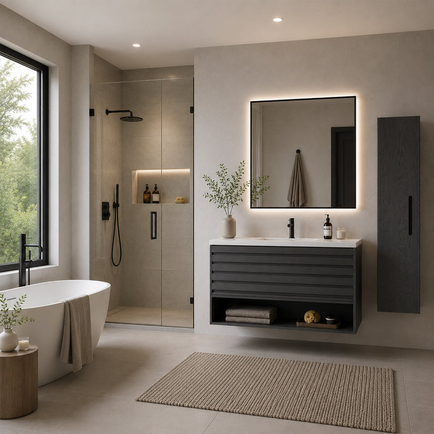 A tall, narrow wall-mounted cabinet in a light natural wood finish with a slim black vertical handle, shown against a plain light gray wall.