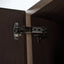 Close-up of a dark wood cabinet door with a polished metal hinge attached, set against the interior of a matching cabinet.