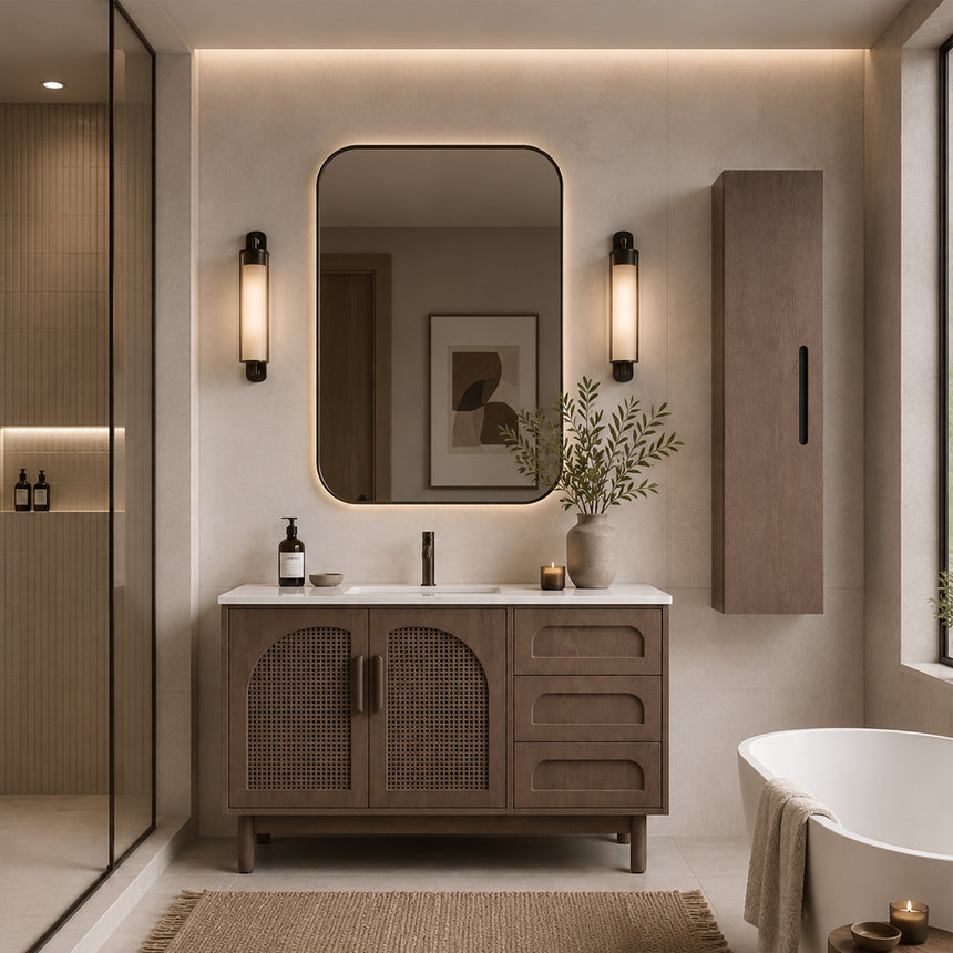 A tall, narrow wall-mounted cabinet in a light natural wood finish with a slim black vertical handle, shown against a plain light gray wall.