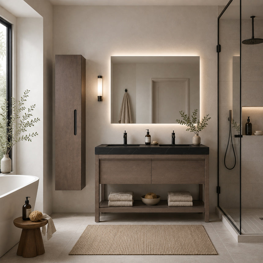 A tall, narrow wall-mounted cabinet in a light natural wood finish with a slim black vertical handle, shown against a plain light gray wall.