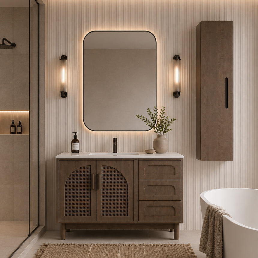 A tall, narrow wall-mounted cabinet in a light natural wood finish with a slim black vertical handle, shown against a plain light gray wall.