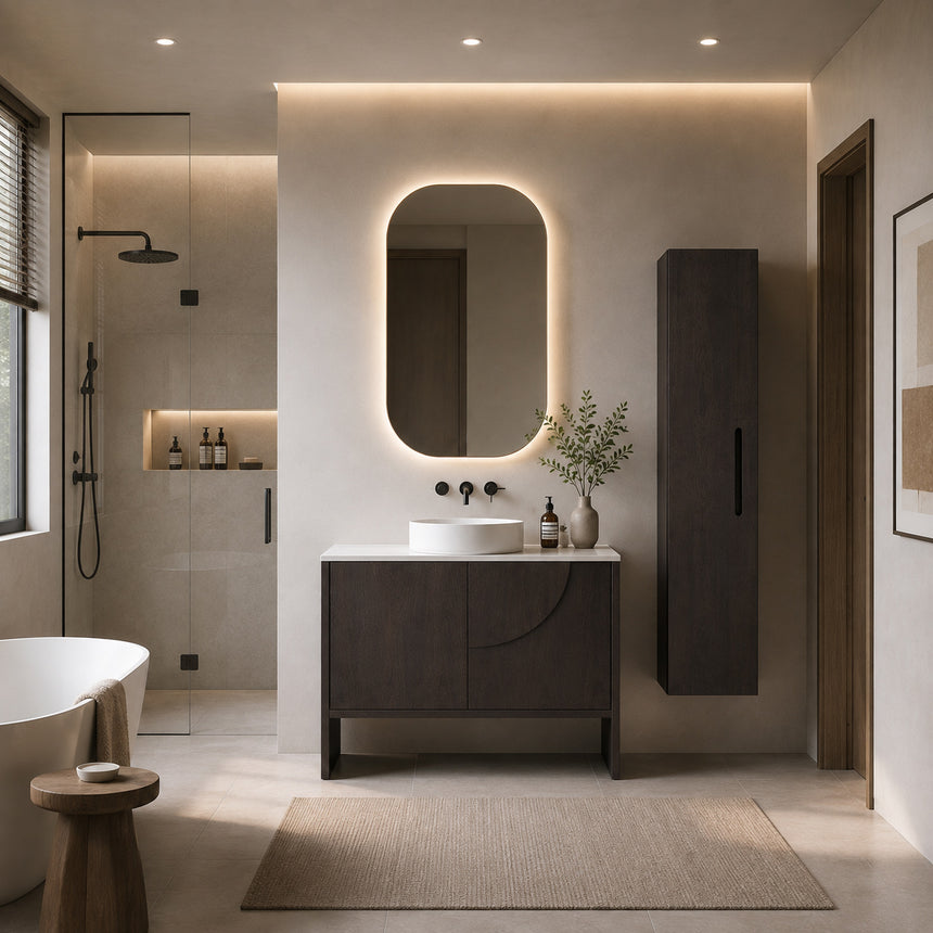 A tall, narrow wall-mounted cabinet in a light natural wood finish with a slim black vertical handle, shown against a plain light gray wall.
