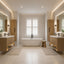 A luxury modern bathroom featuring a central freestanding bathtub, double wooden vanity cabinets with white sinks, and a large window with white shutters in the background.