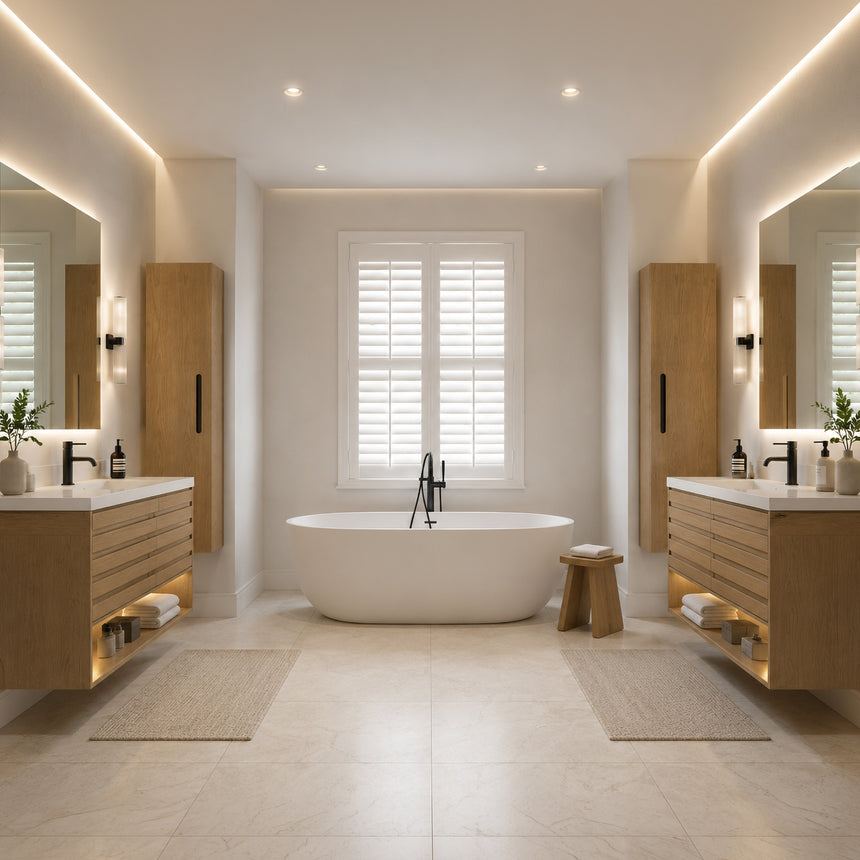 A modern floating bathroom vanity with a light oak wood finish, a white countertop, and an integrated sink, shown in a styled bathroom setting with a bathtub, shower glass, and decorative plants.