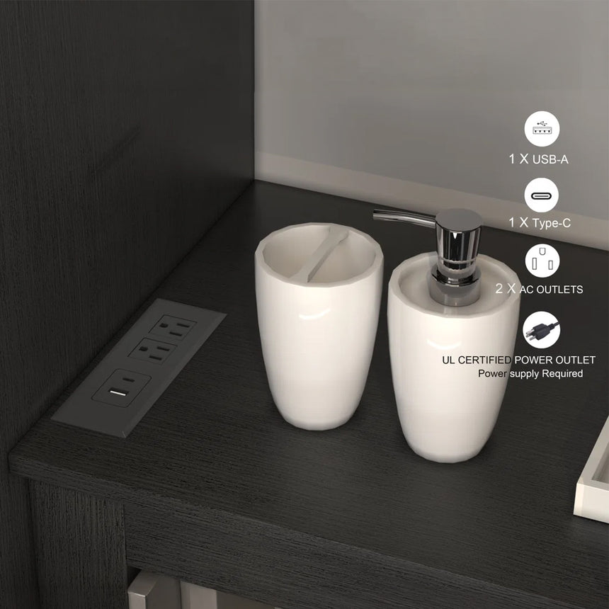 Bathroom vanity with wooden cabinets and decorative elements