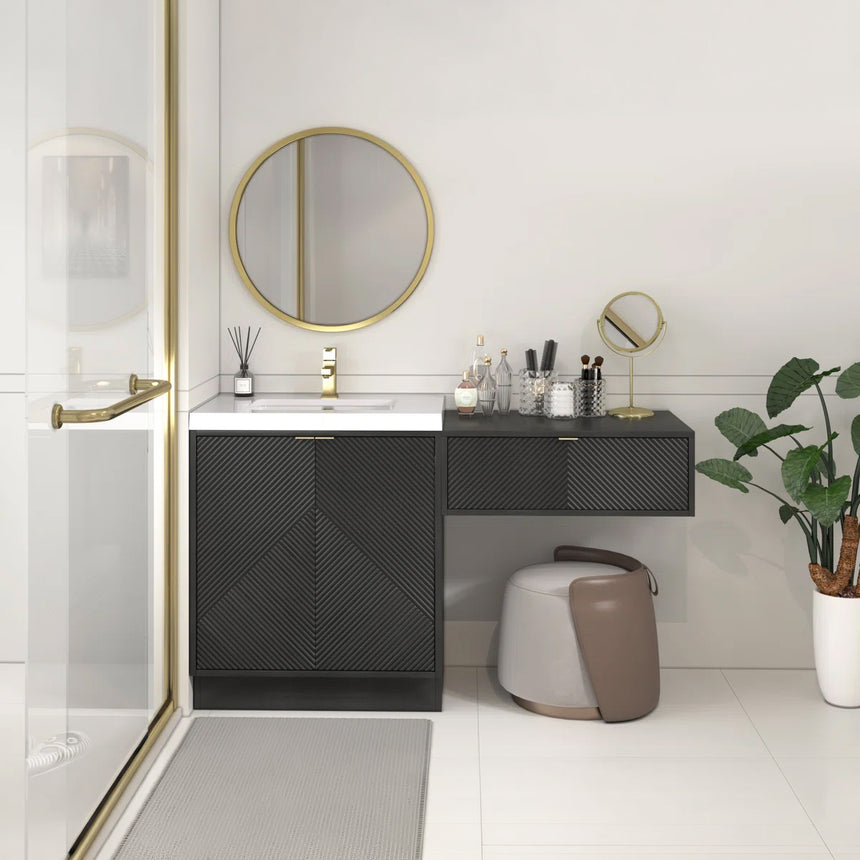 Bathroom vanity with wooden cabinets and decorative elements