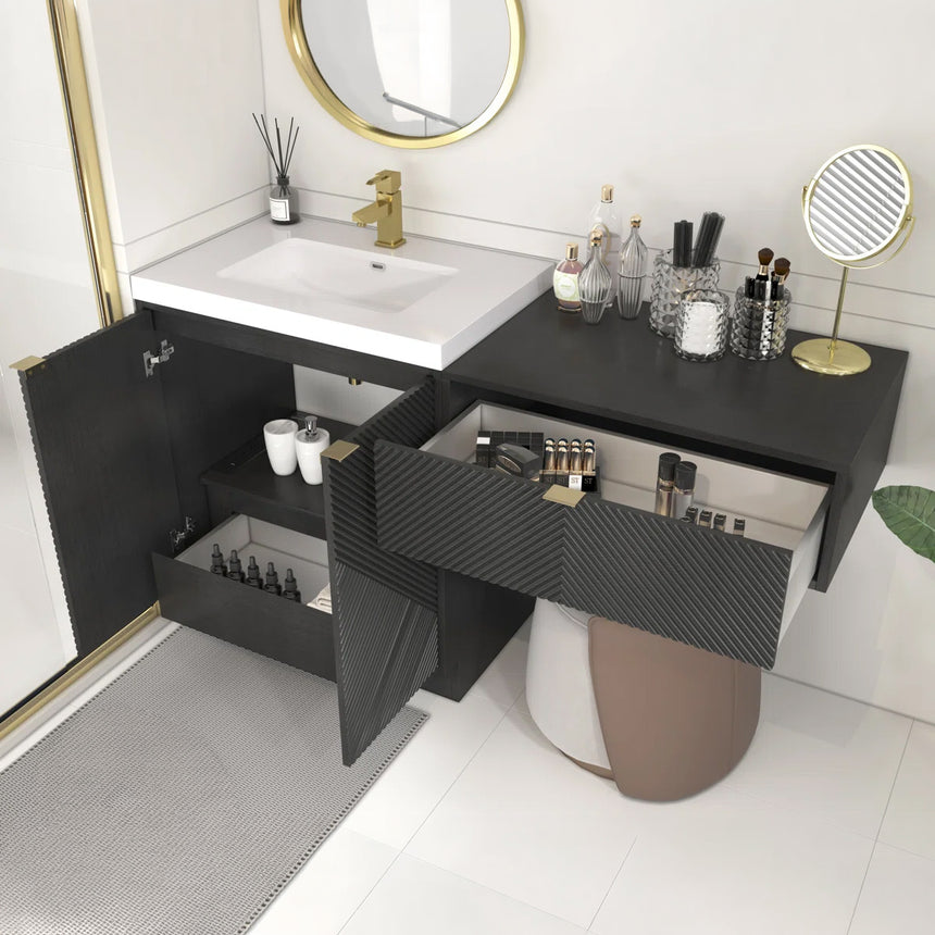 Bathroom vanity with wooden cabinets and decorative elements