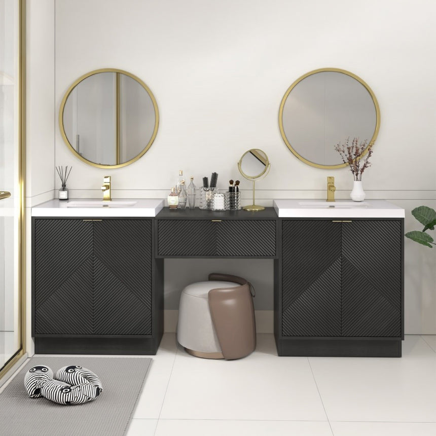 Bathroom vanity with wooden cabinets and decorative elements