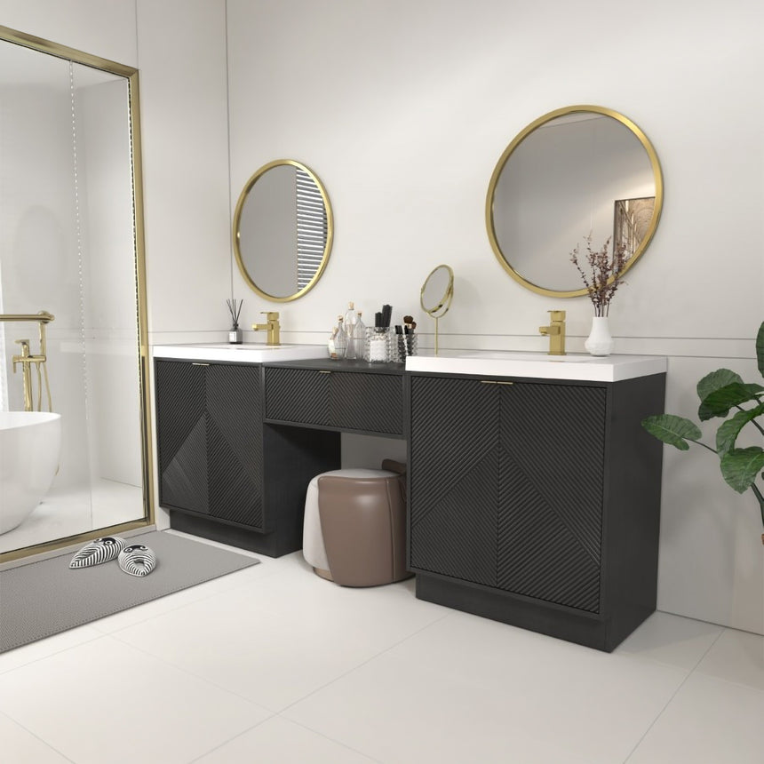 Bathroom vanity with wooden cabinets and decorative elements