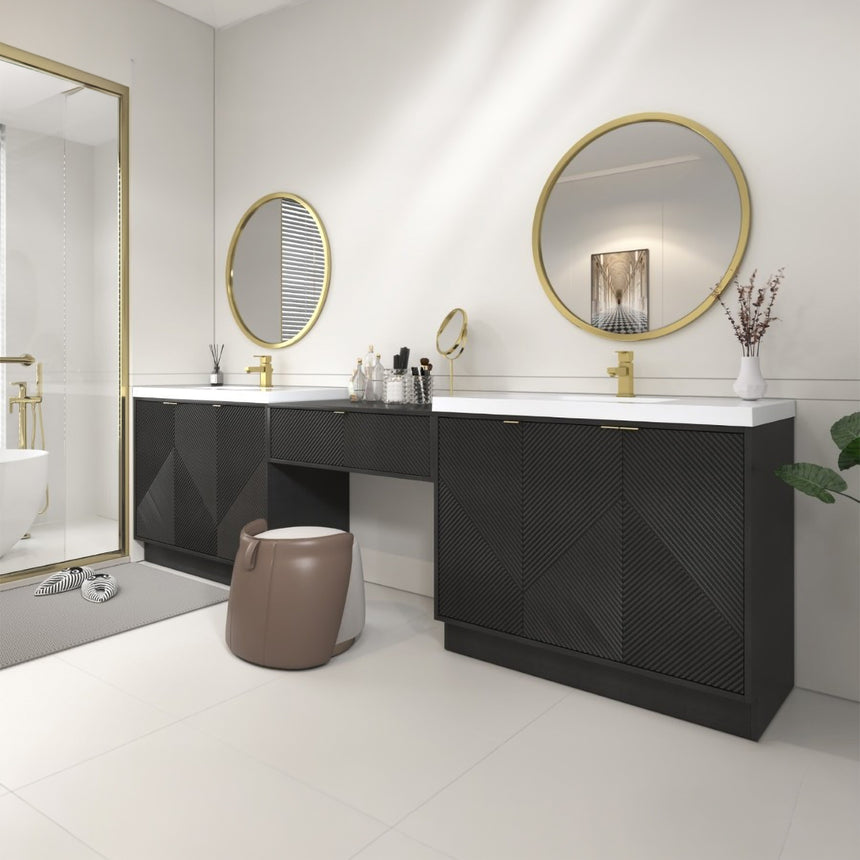 Bathroom vanity with wooden cabinets and decorative elements