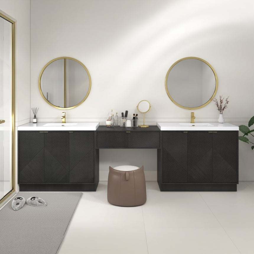 Bathroom vanity with wooden cabinets and decorative elements