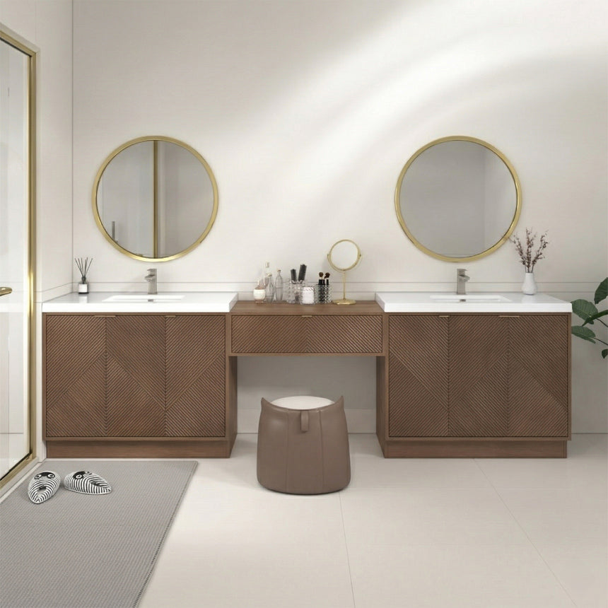 Bathroom vanity with wooden cabinets and decorative elements