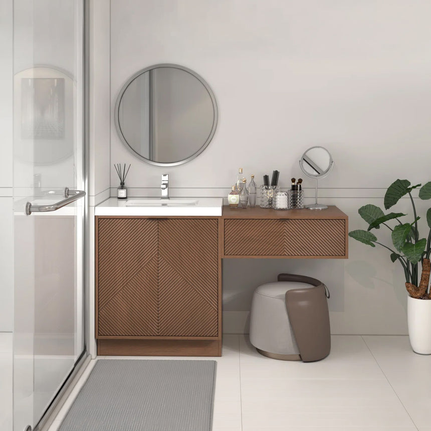 Bathroom vanity with wooden cabinets and decorative elements