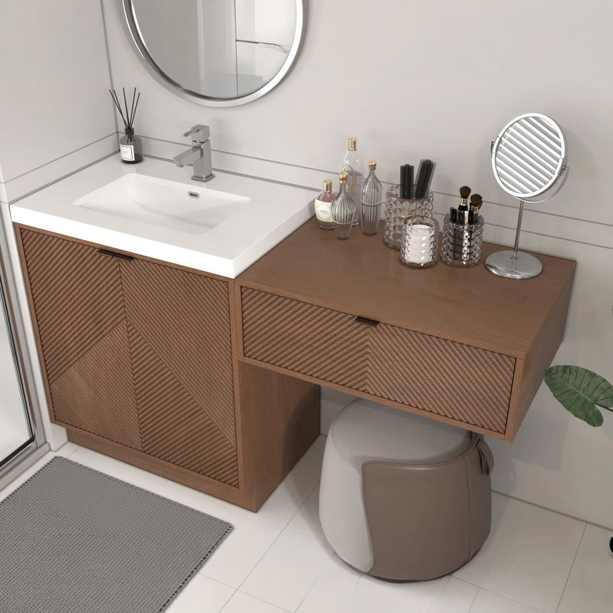 Bathroom vanity with wooden cabinets and decorative elements