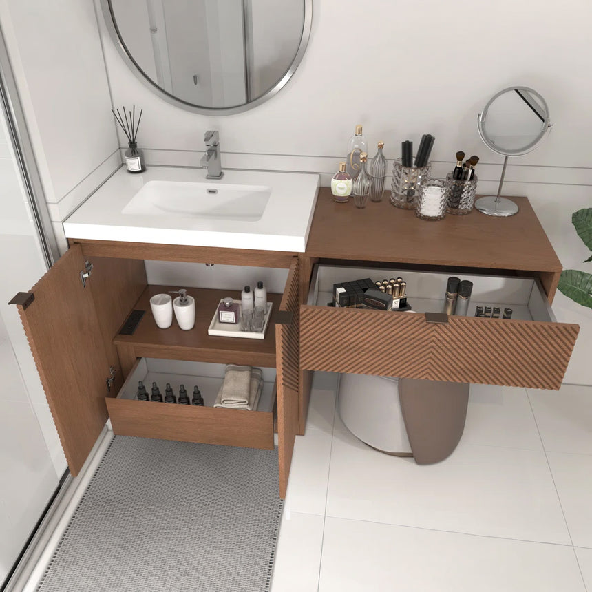 Bathroom vanity with wooden cabinets and decorative elements
