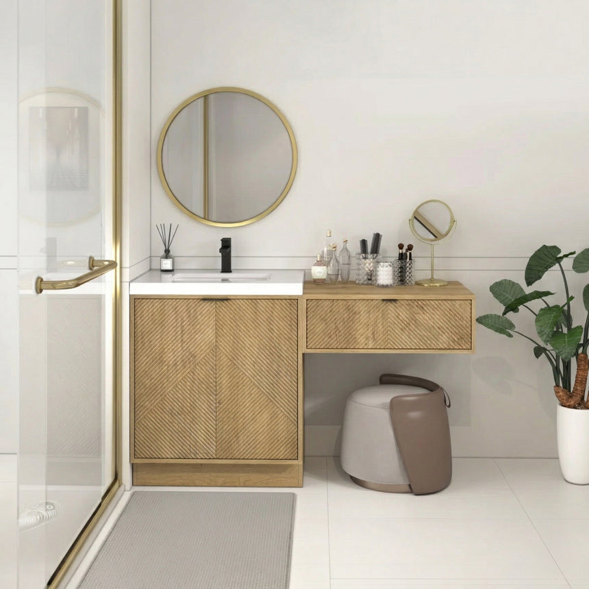 Bathroom vanity with wooden cabinets and decorative elements