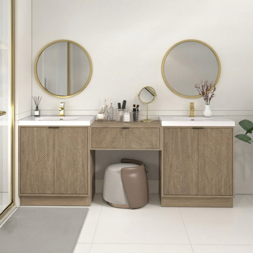 Bathroom vanity with wooden cabinets and decorative elements