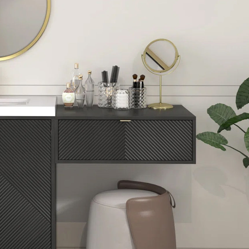 Bathroom vanity with wooden cabinets and decorative elements