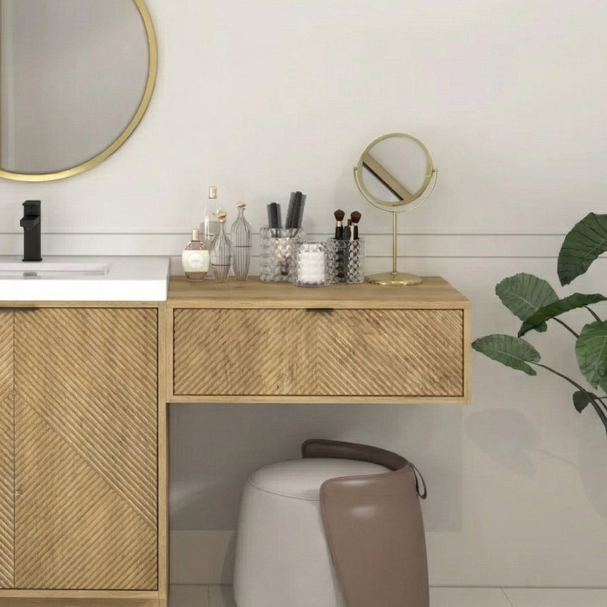 Bathroom vanity with wooden cabinets and decorative elements