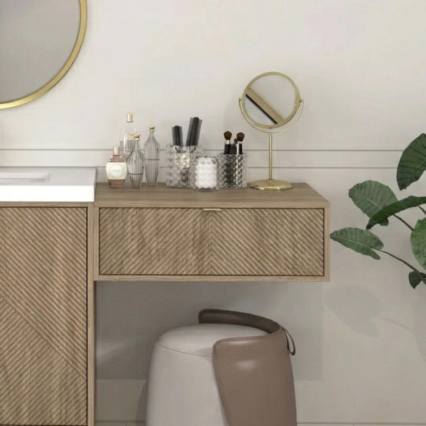 Bathroom vanity with wooden cabinets and decorative elements