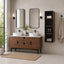 Linen Cabinet in Walnut finish, Freestanding walnut bathroom vanity, double sink, double mirror. modern bathroom